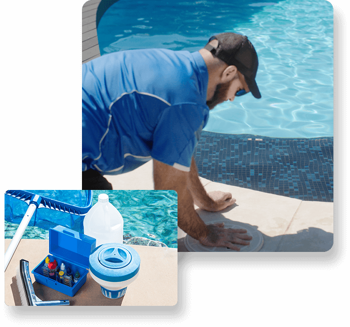 Man Cleaning a Pool Filter and Filter Cleaning Tool box